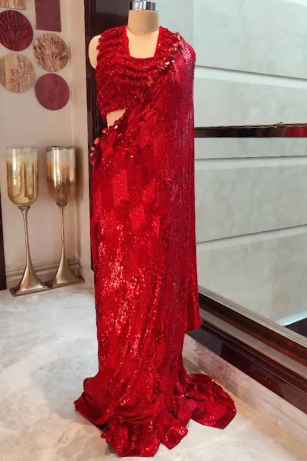 Manish Malhotra Red Sequin Saree Set