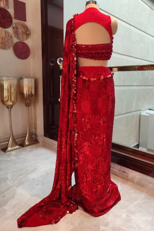 Manish Malhotra Red Sequin Saree Set - Image 2