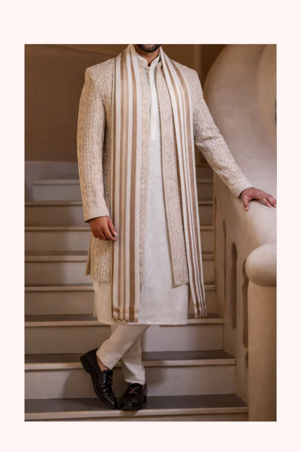 Manish Malhotra Taupe Embroidered Sherwani Jacket with Stole