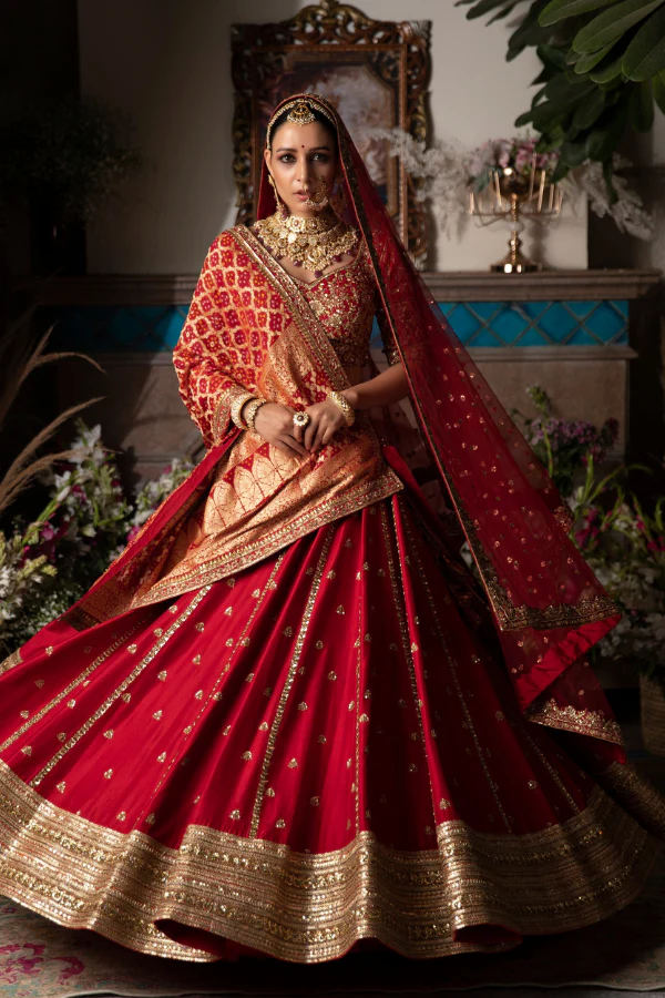 MEGHA & JIGAR Cherry Red Embroidered Lehenga Set