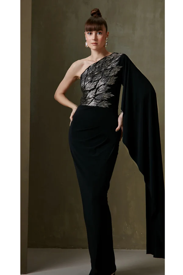 METALLIC LEAVES ONE OFF SHOULDER GOWN