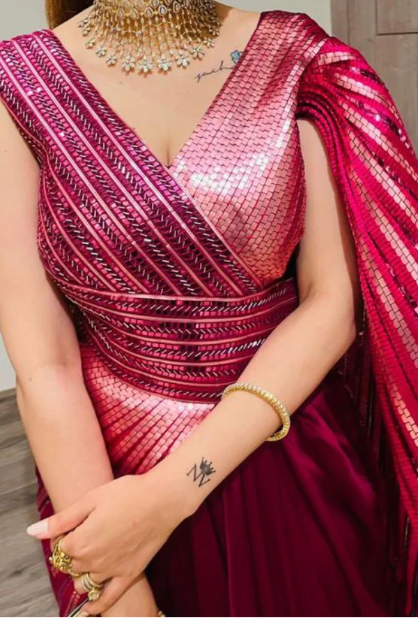 METALLIC PINK WINGED SAREE GOWN - Image 3
