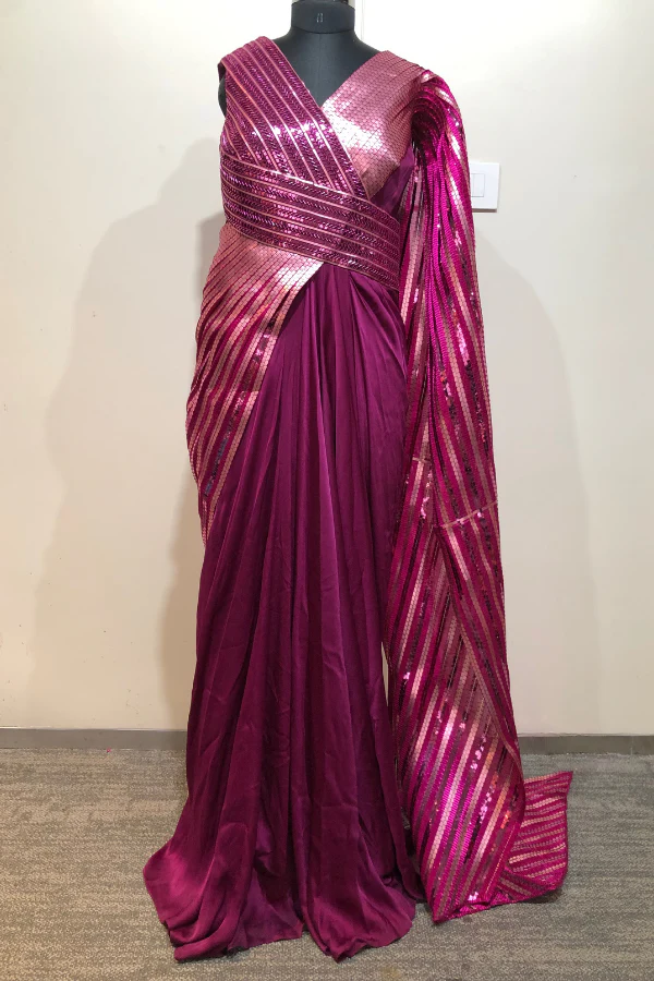 METALLIC PINK WINGED SAREE GOWN - Image 4