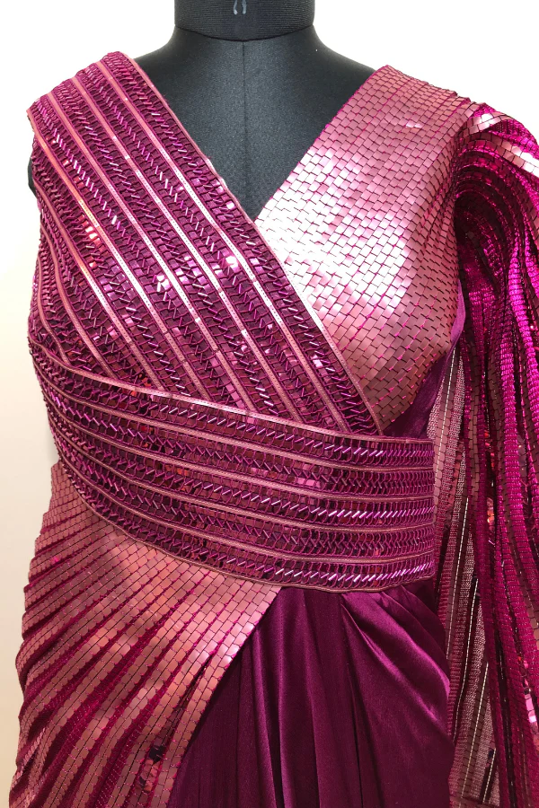 METALLIC PINK WINGED SAREE GOWN - Image 5
