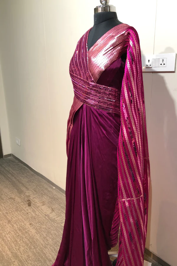 METALLIC PINK WINGED SAREE GOWN - Image 6