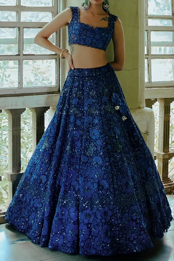 Mishru Dark Navy Blue Embroidered Lehenga Set