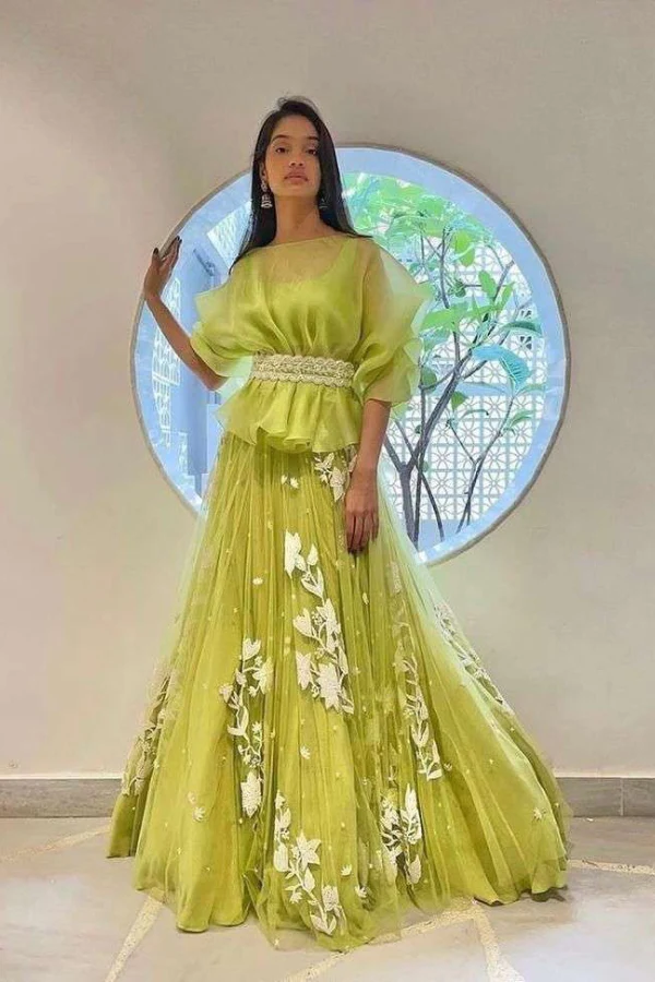 Mishru Lime Tulle & Organza Lehenga Set