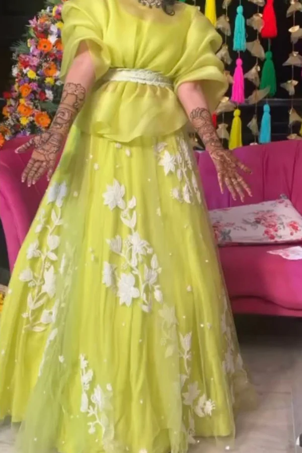 Mishru Lime Tulle & Organza Lehenga Set - Image 2