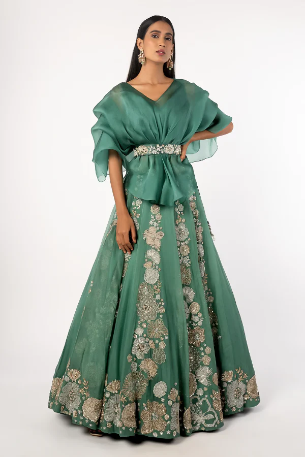 Mishru teal lehenga set with belt