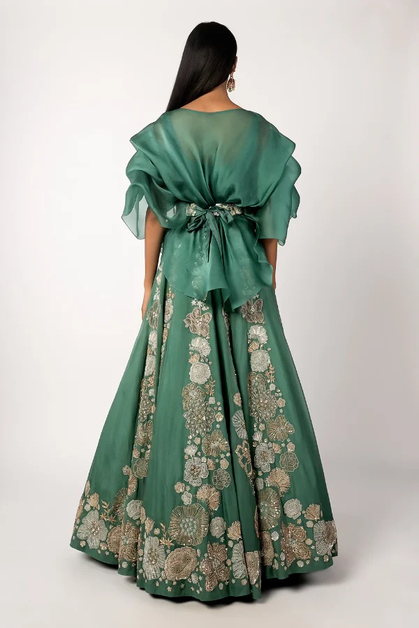 Mishru teal lehenga set with belt - Image 2