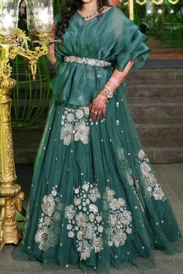 Mishru teal lehenga set with belt - Image 3