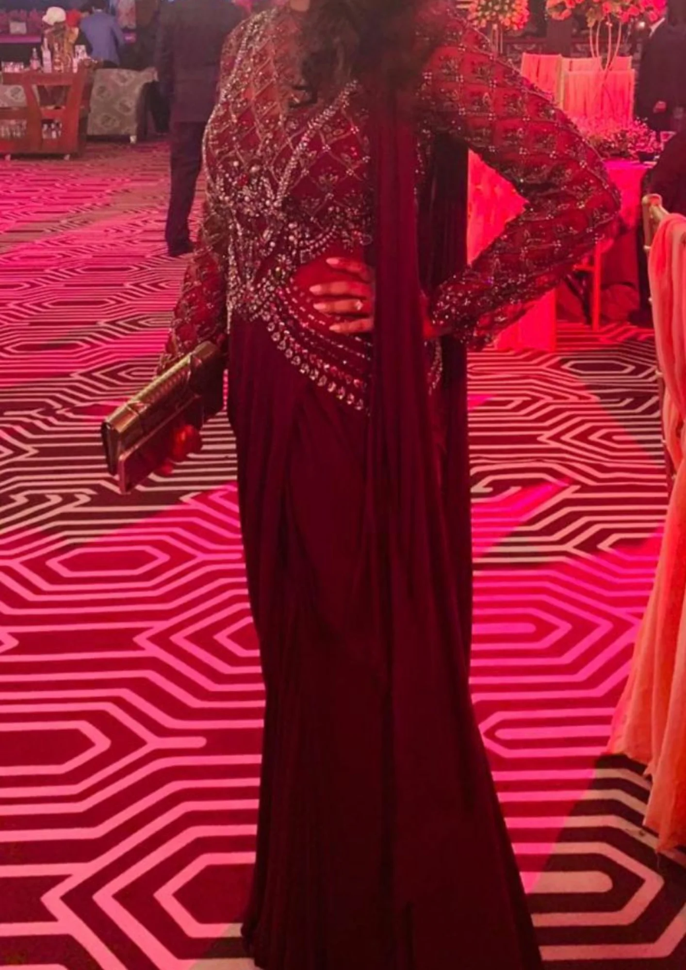 Monisha Jaising Embellished Wine Drape Gown