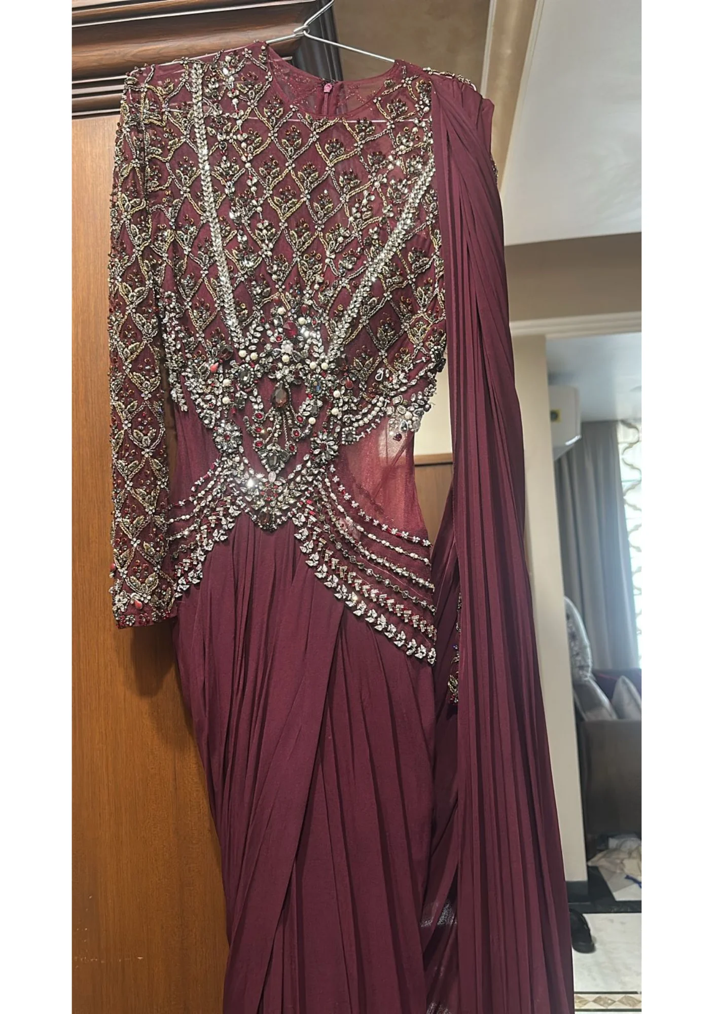 Monisha Jaising Embellished Wine Drape Gown - Image 4