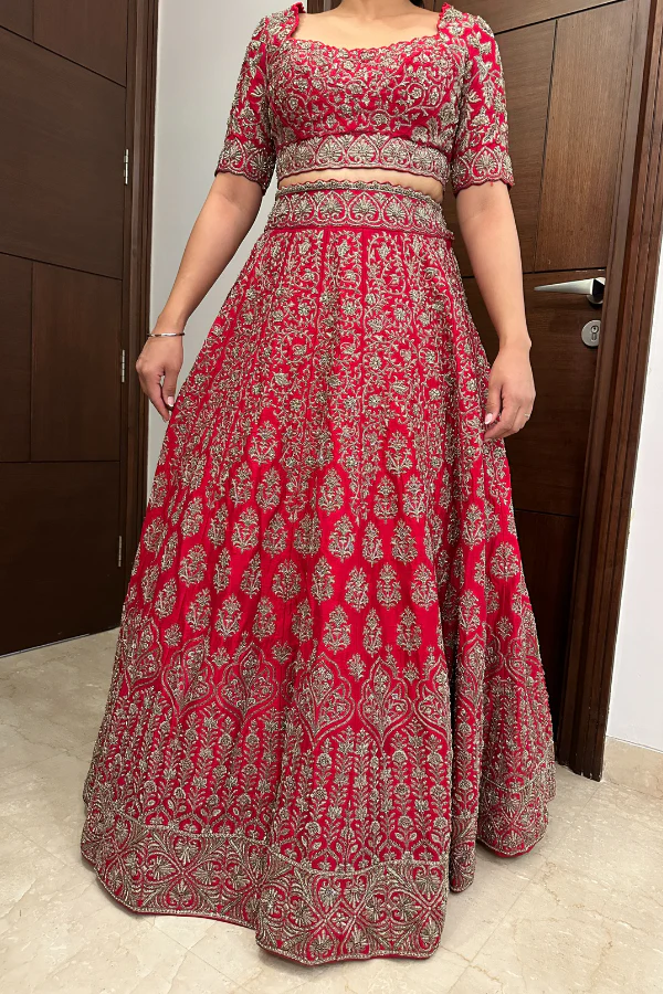 MRUNALINI RAO Cadmium Red Embroidered Lehenga Set - Image 4