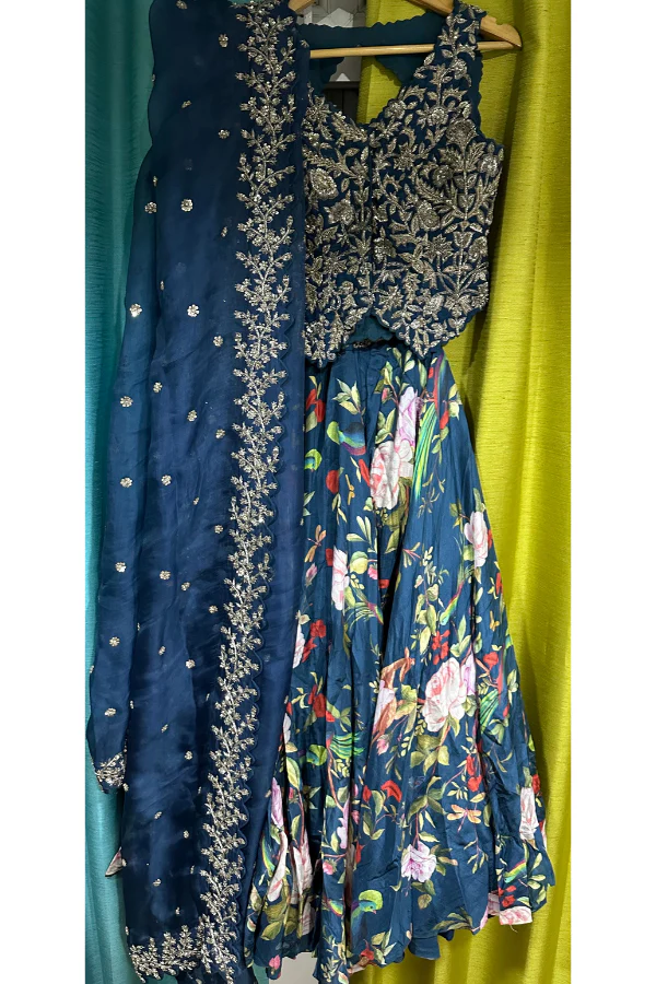 Mrunalini Rao Navy Floral Embroidered Lehenga Set