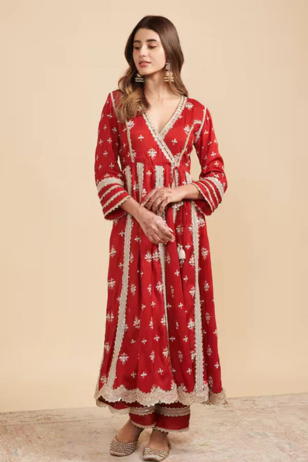 Mul Mul Red Angrakha Anarkali Set - Image 2
