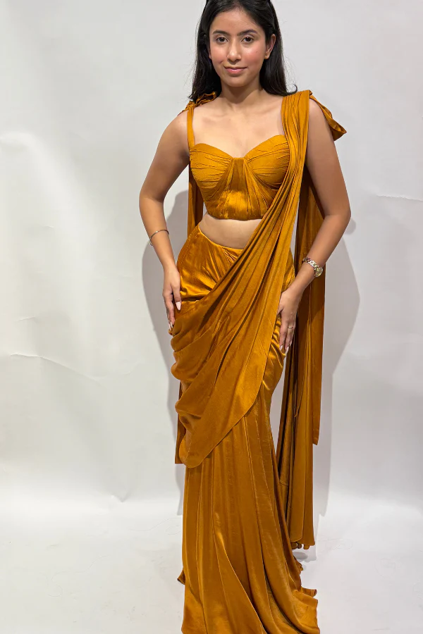 Mustard Yellow Corset With Pleated Drape Saree