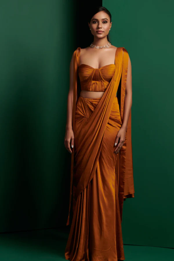 Mustard Yellow Corset With Pleated Drape Saree - Image 2