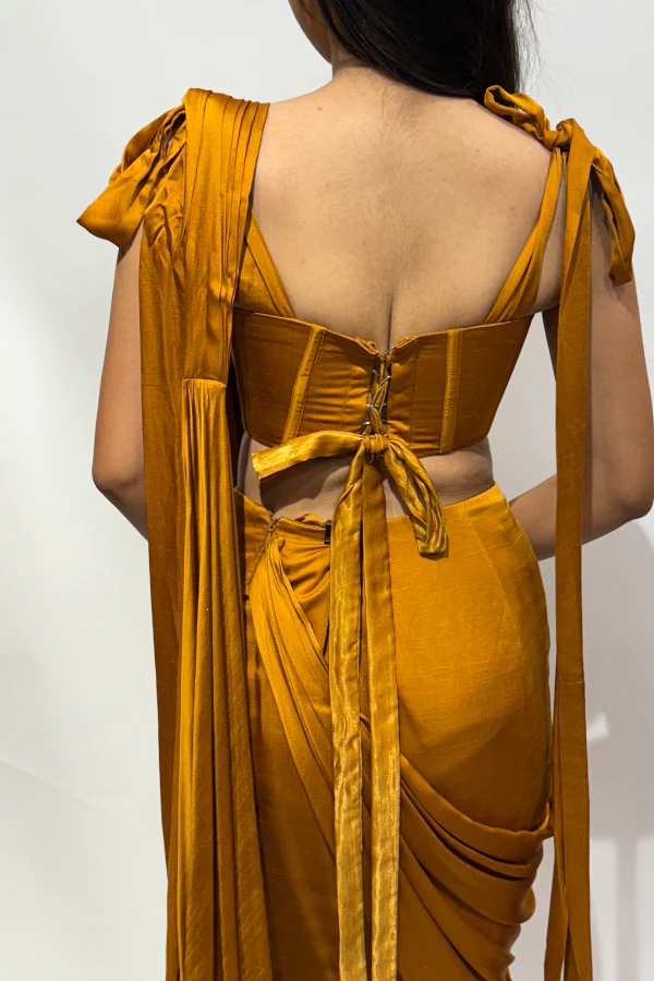 Mustard Yellow Corset With Pleated Drape Saree - Image 3