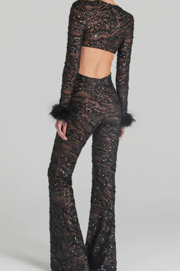 Nadine Merabi BLACK BACKLESS SEQUINED FEATHER JUMPSUIT - Image 2