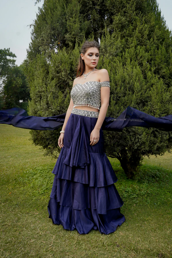 NAVY BLUE PEARL EMBELLISHED LAYERED LAEHANGA SET