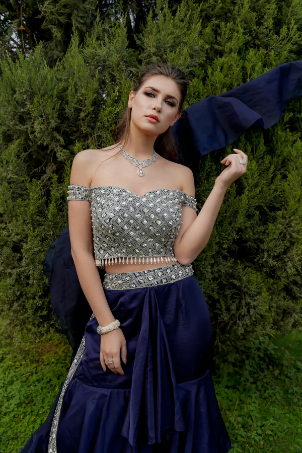 NAVY BLUE PEARL EMBELLISHED LAYERED LAEHANGA SET - Image 2