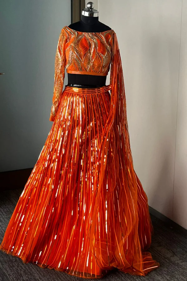 Neon Orange Tulle lehenga set - Image 2