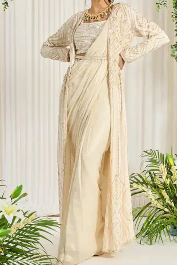 Nidhika Shekhar White Pre Draped Saree