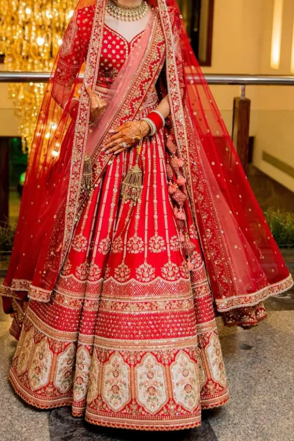 Om Prakash Jawahar Lal Red Bridal lehenga