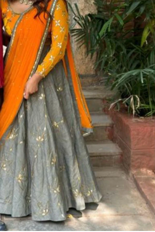 Orange and grey velvet lehenga set