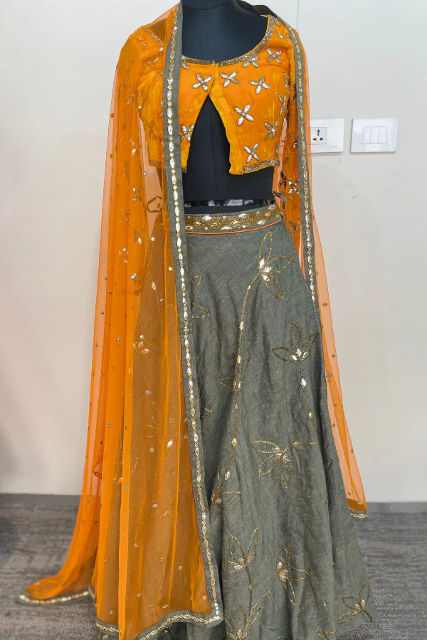 Orange and grey velvet lehenga set - Image 3