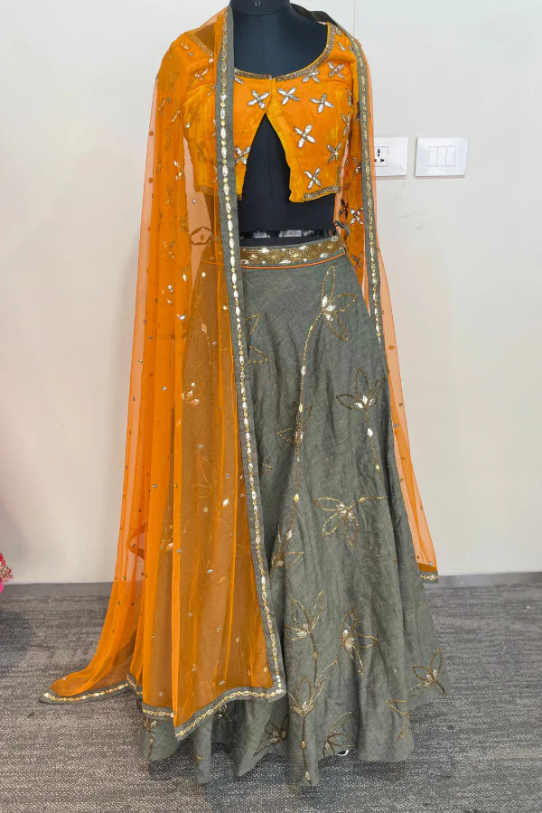 Orange and grey velvet lehenga set - Image 4