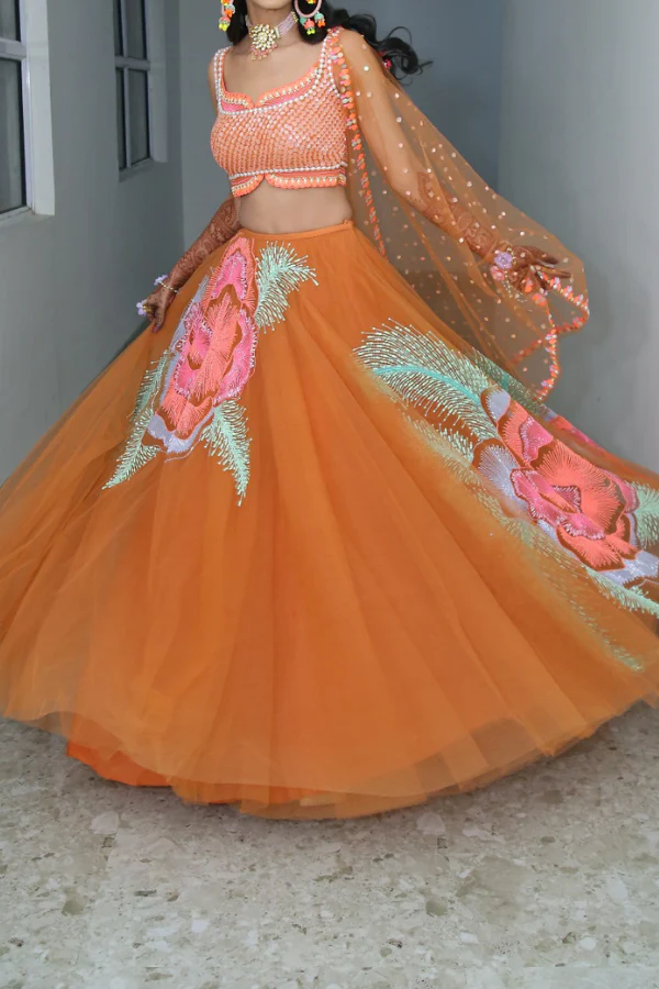 Orange pearl embellished lehenga set