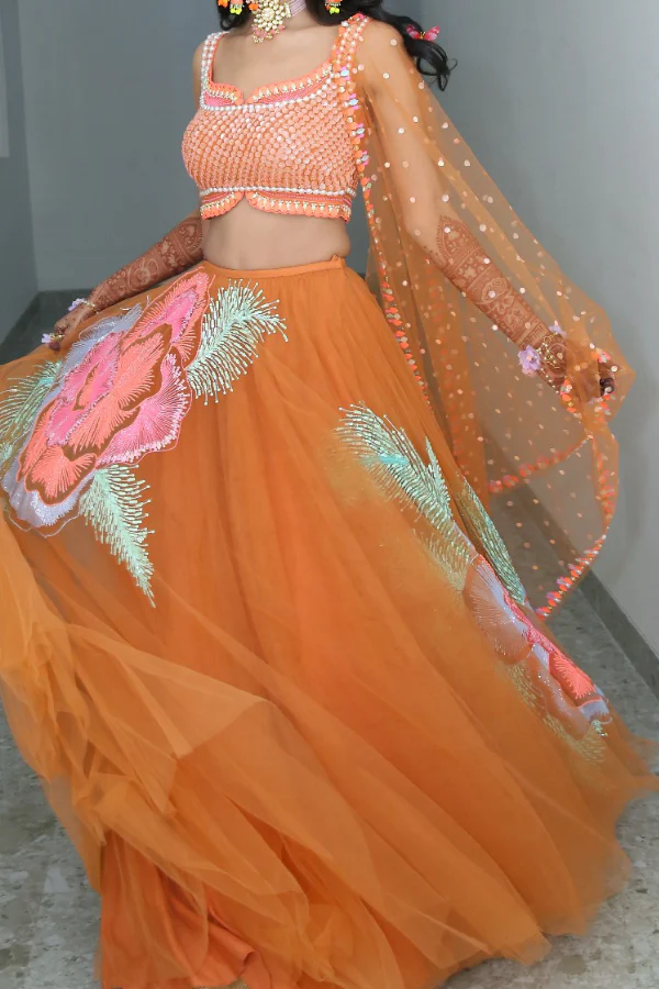 Orange pearl embellished lehenga set - Image 2