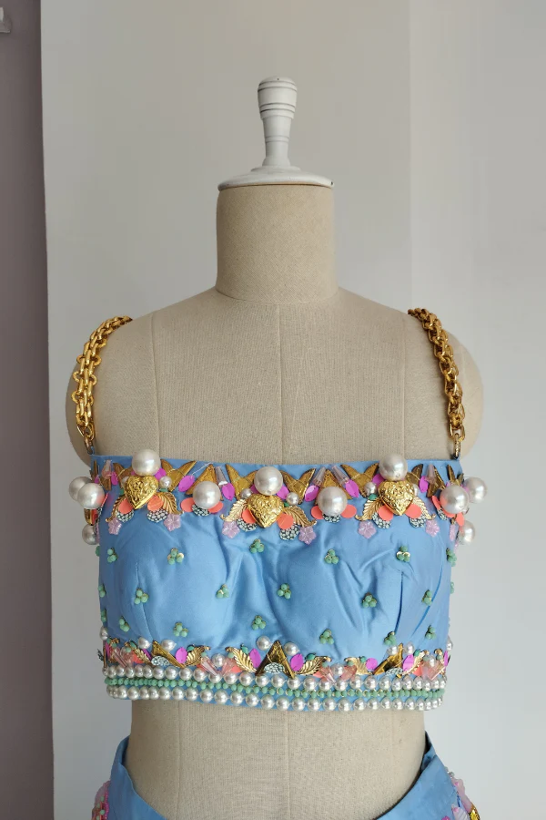 Papa Don't preach blue satin lehenga set - Image 4