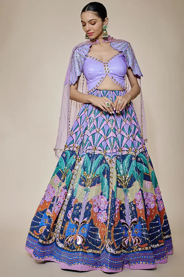 PAPA DONT PREACH Dark Blue & Lilac Sequins Printed Lehenga Set - Image 2