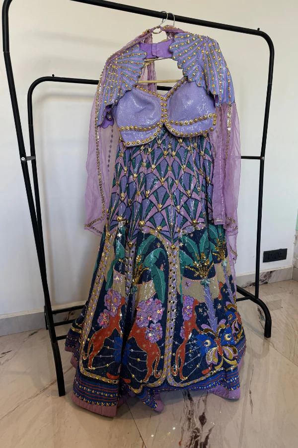 PAPA DONT PREACH Dark Blue & Lilac Sequins Printed Lehenga Set - Image 3