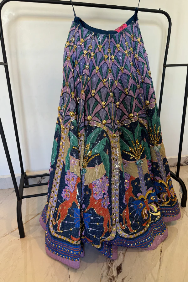 PAPA DONT PREACH Dark Blue & Lilac Sequins Printed Lehenga Set - Image 6