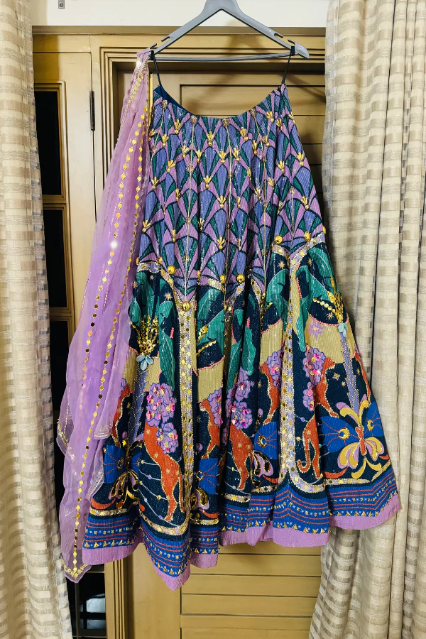 PAPA DONT PREACH Dark Blue & Lilac Sequins Printed Lehenga Set - Image 5