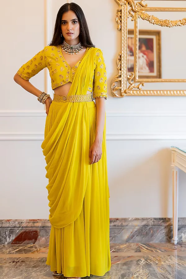 Paulmi & Harsh Lime Yellow Georgette Pre-Stitched Saree Set