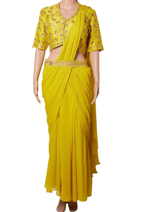 Paulmi & Harsh Lime Yellow Georgette Pre-Stitched Saree Set - Image 3