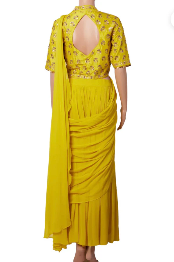 Paulmi & Harsh Lime Yellow Georgette Pre-Stitched Saree Set - Image 4