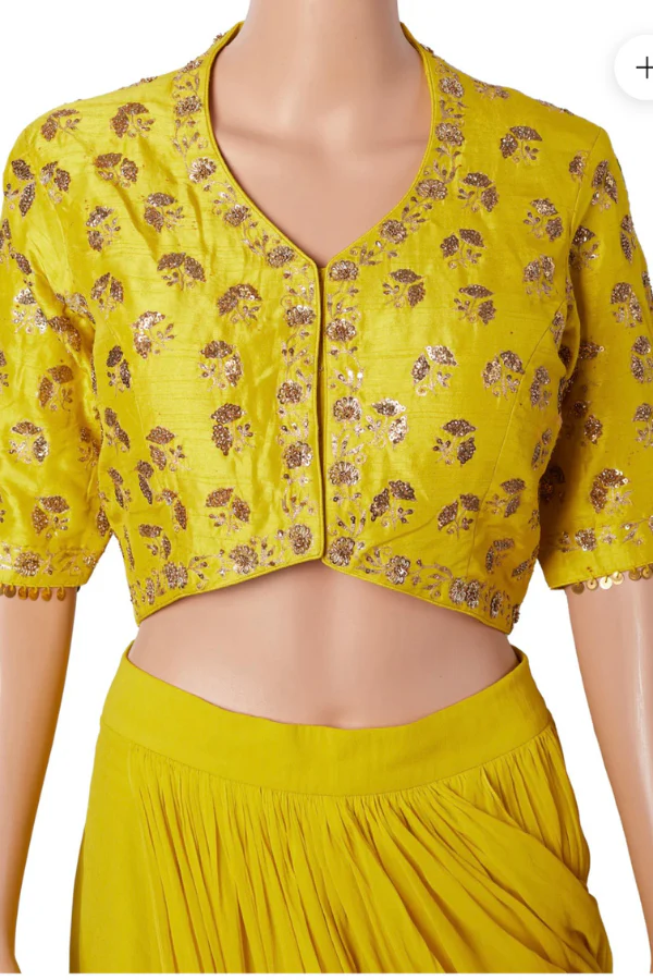 Paulmi & Harsh Lime Yellow Georgette Pre-Stitched Saree Set - Image 5
