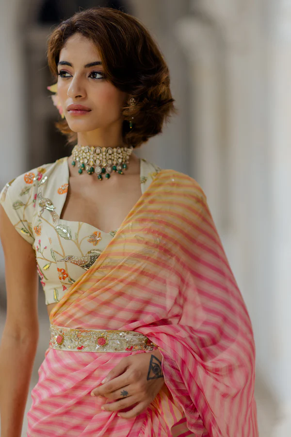 Paulmi & Harsh Ombre Georgette Printed Pre-Stitched Saree Set - Image 3