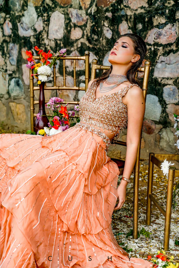 PEACH EMBROIDED TIERED LEHANGA SET