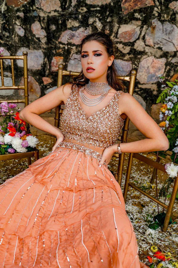 PEACH EMBROIDED TIERED LEHANGA SET - Image 3
