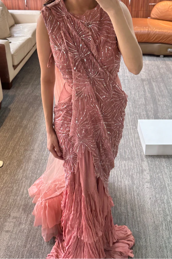Pink pre stitched saree - Image 3