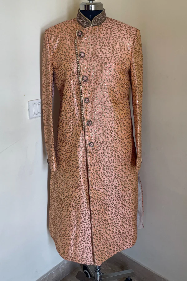 Pink sherwani with gold embroidery