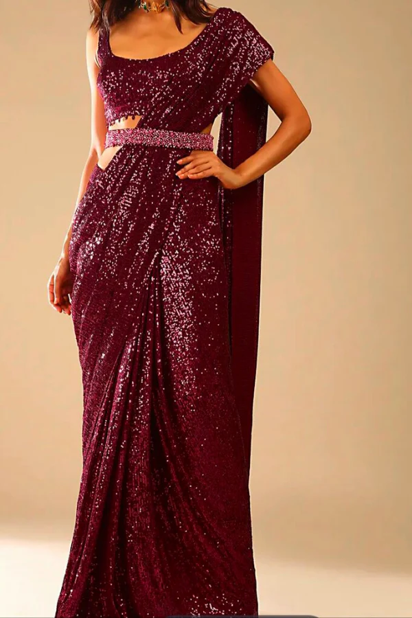 Pre Stitched red sequinned saree