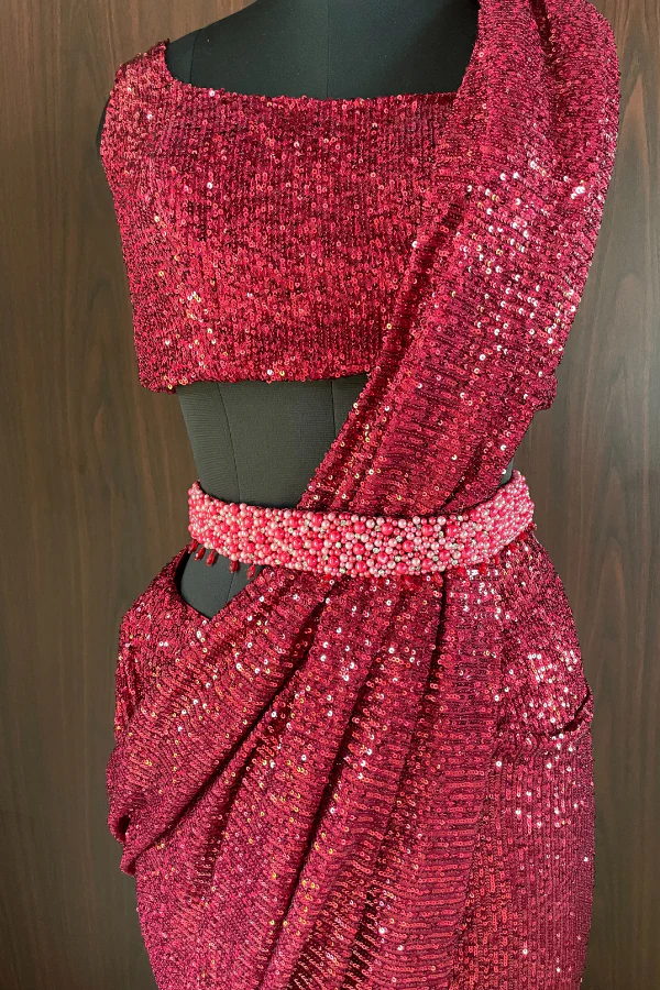 Pre Stitched red sequinned saree - Image 2